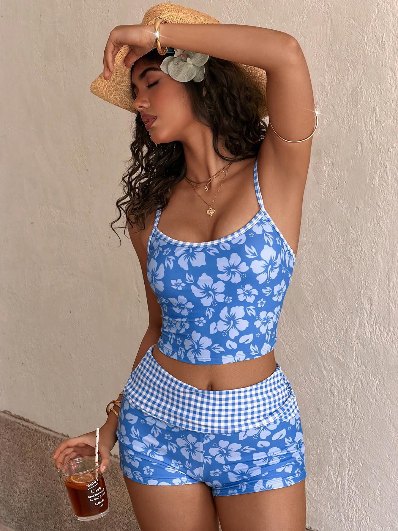 PEPPERMOLLY Women's Tropical Hibiscus Floral 2-Piece Tankini Swimsuit Set - Cami Tankini Top, High Waist Swim Shorts, Trendy Summer Beachwear Bathing Suit for Women, Two Piece Set,summervibes
