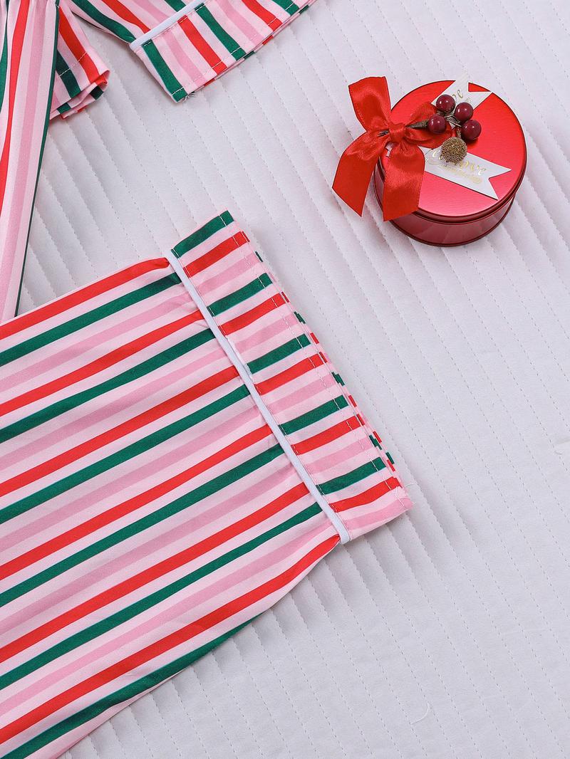2-piece set full of pink, white, green, and red striped printed long sleeved pants, soft, comfortable, skin friendly, smooth top, small pocket, button closure, elastic waistband, suitable for all seasons home, casual wear, pajamas, Loungewear