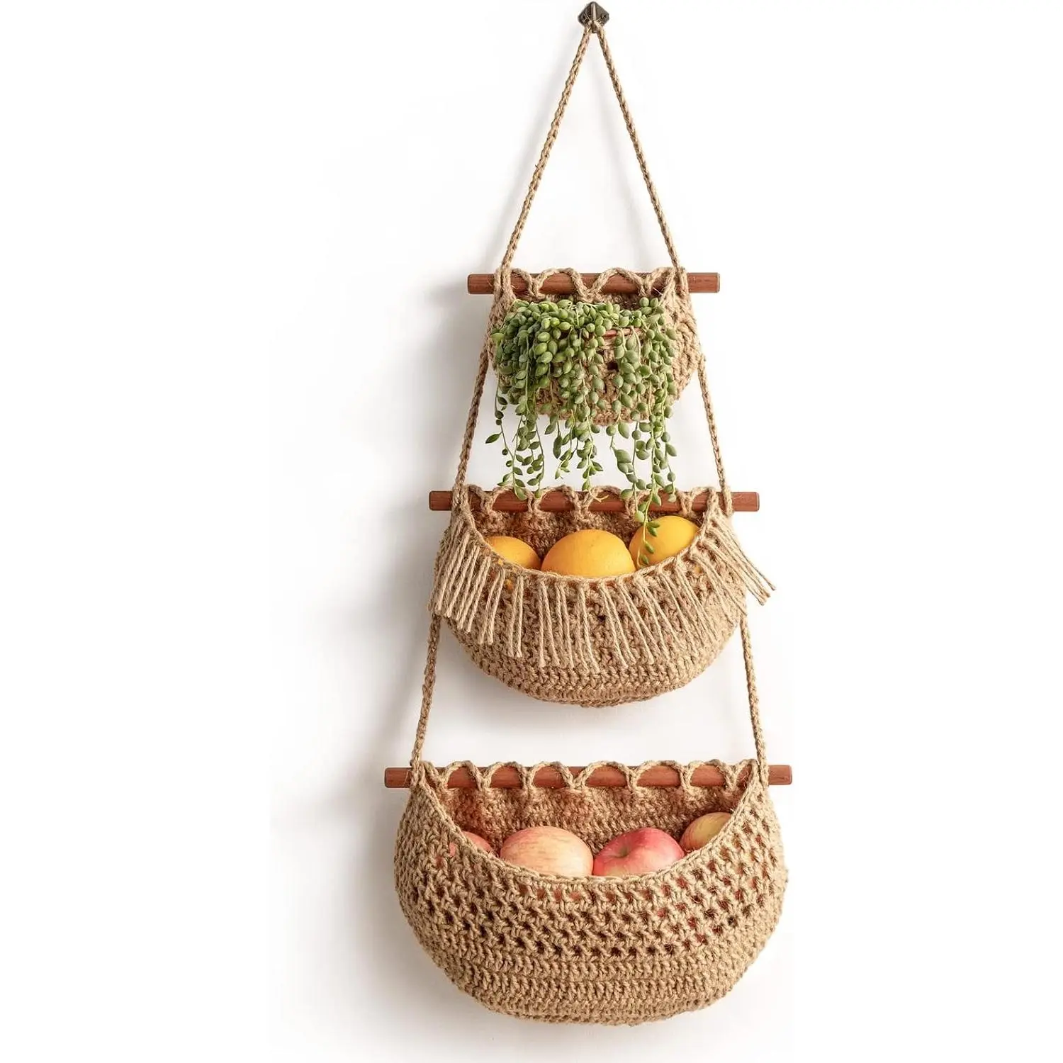 3 Tier Hanging Fruit Baskets for Kitchen, Handmade Jute Organizer Wall fruit basket for produce and home essentials; hangs on walls or doors, separates into 3 baskets, saves counter space