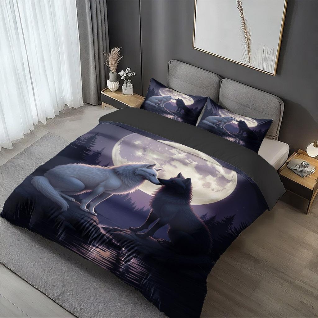 2/3 Pcs Wolf Shadow Theme Pattern Bedding Decorative Duvet Cover Set Under Moonlit Night (1* Duvet Cover +1/2* Pillowcase, Core-free), Machine Washable, Zipper Seal, Multiple Sizes Suitable For All Seasons, Suitable For Bedrooms,guest Rooms