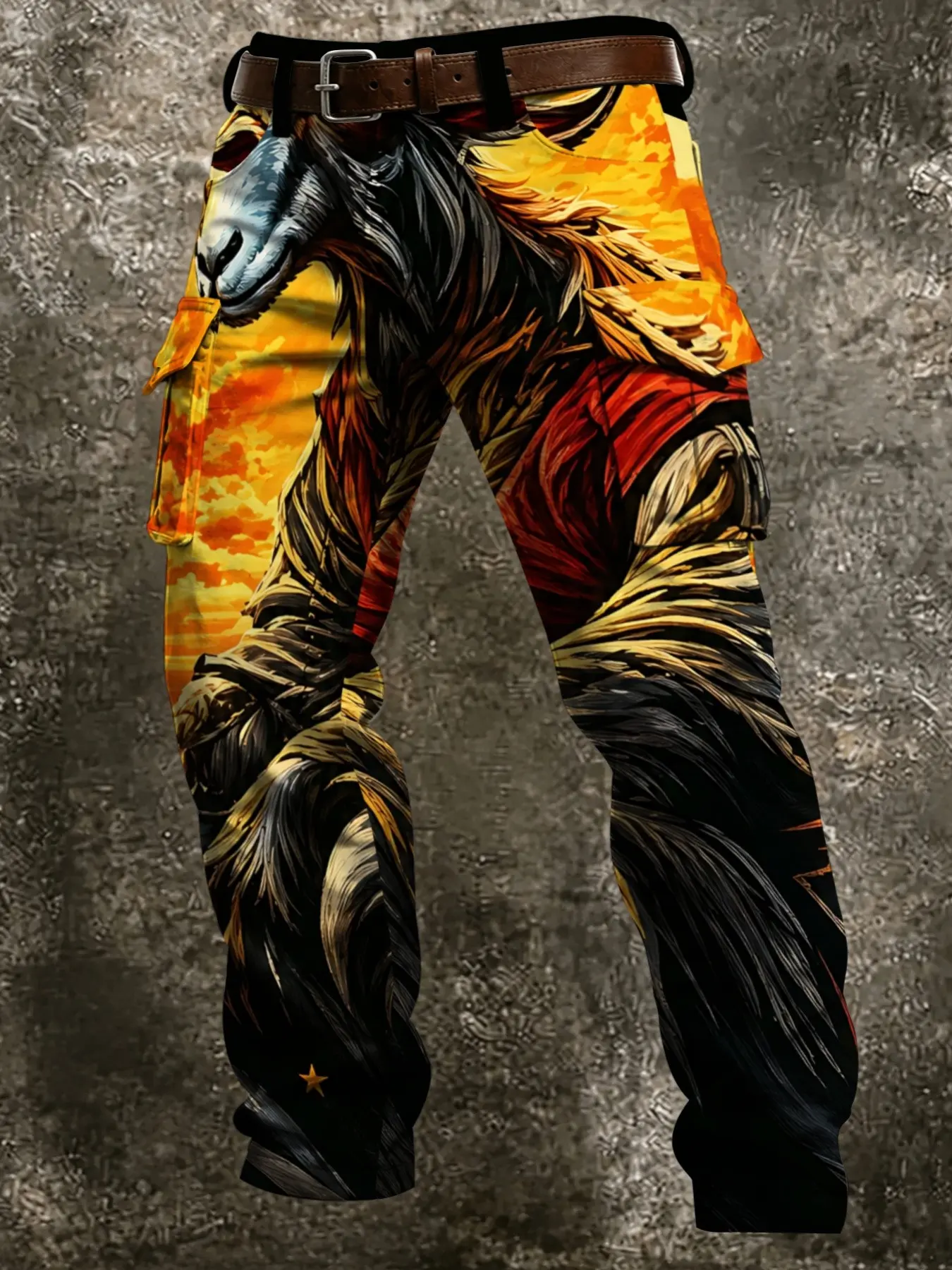 Oil Painting Lion Workwear Pants, Sunset Gradient Background, Realistic Lion Design, Multi-Pocket Ankle-Length Casual Pants