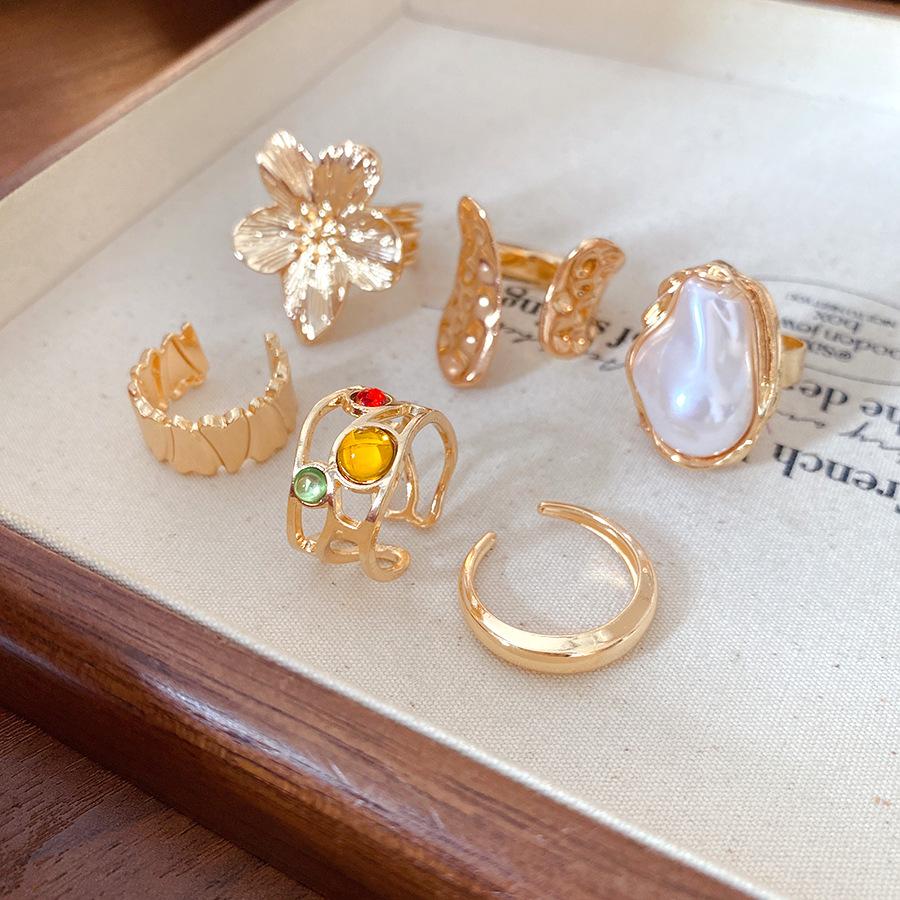 6-Pair Metal Wrinkled Flower Open Rings, Trendy Elegant Minimalist Luxury Hand Jewelry