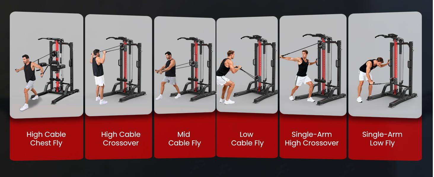 Pooboo Pull Up Bar Power Tower Dip Station,Cable Machine-Integrated 450LBS Multi-Function Adjustable Height Fitness Strength Training Equipment for Home Gym Strength Training Equipment