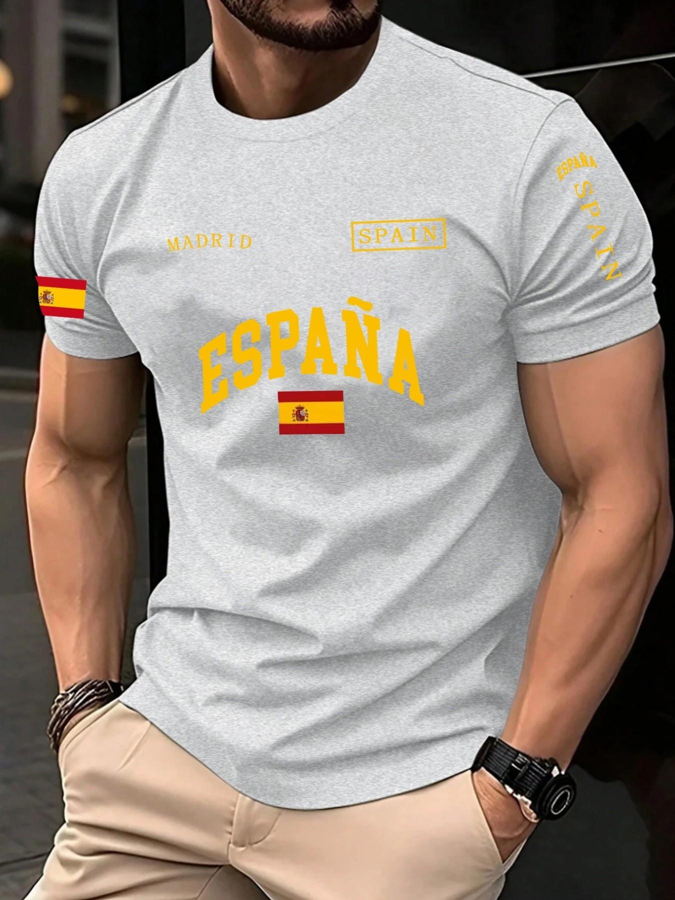 Men's Spanish Style Letter Print Short Sleeve T-Shirt, Summer New Arrival, Breathable Quick-Dry Casual Top, Streetwear Fashion