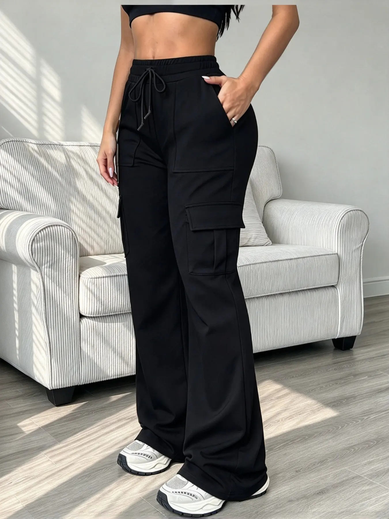 Women's solid color fashionable office daily multifunctional bell bottom pants with multiple pockets, high waist elastic boot type leggings, sports pants