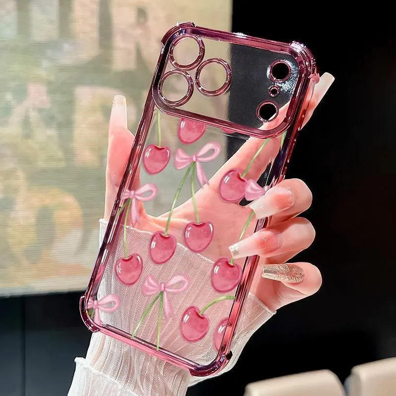 Cherry Bows Pattern Four Corner Anti-Fall Phone Case Transparent Electroplated Protective Cover for iPhone 17 16 Pro Max 15 Plus 14 13 12 11 E Air.QXA324 Protection Protector