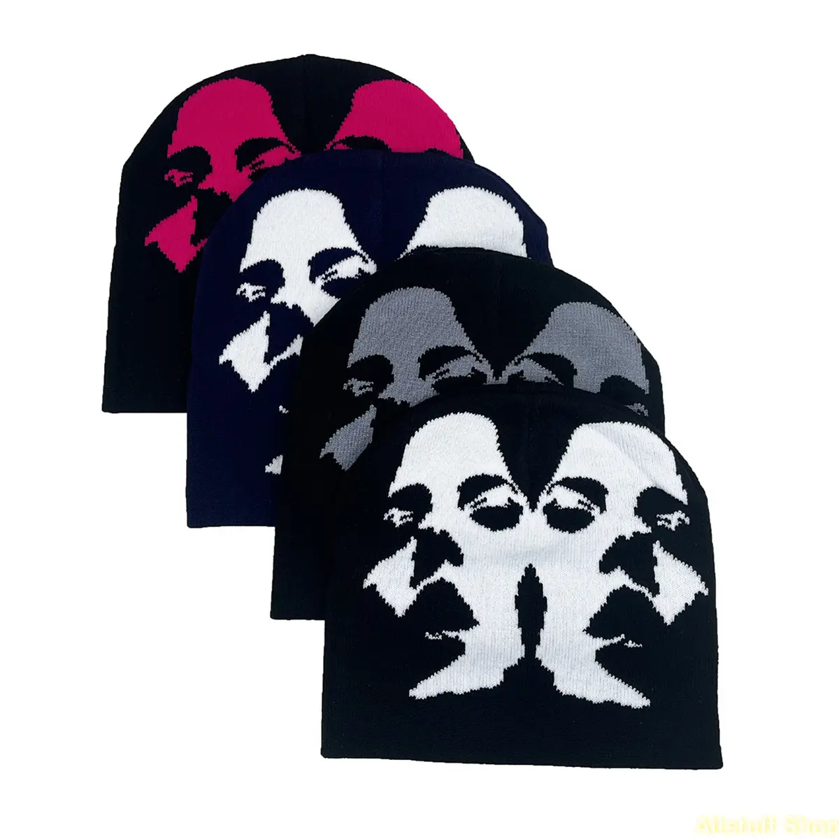 Y2K Abstract Face Print Knit  – Aesthetic Street-Style Soft Stretch Skull Cap  Men & Women (Autumn/Winter Daily Wear); Retro Art-Style Reversible Jacquard Knit Hat – Warm Streetwear  Suitable  Parties and Everyday Outfits.