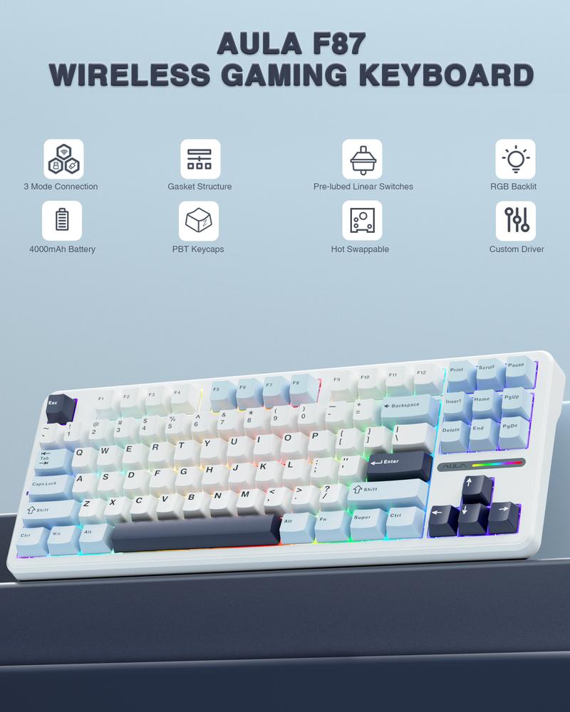 AULA F87 Wireless Mechanical Keyboard,75% TKL Custom Hot Swappable Keyboard,Gasket Mount Gaming Keyboard with PBT Keycaps,Pre-lubed Greywood Switches,2.4GHz/USB-C/BT5.0 RGB Backlit Mechanical Keyboard TikTokShopfalldealsforyou