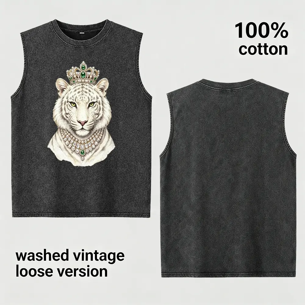 Men's 100% Cotton Vintage Distressed Wash Faded Texture Cut Off Tee, Loose Fit Sleeveless Graphic Tank Top with Crown White Tiger & Emerald Diamond Necklace Print, Multi-Size
