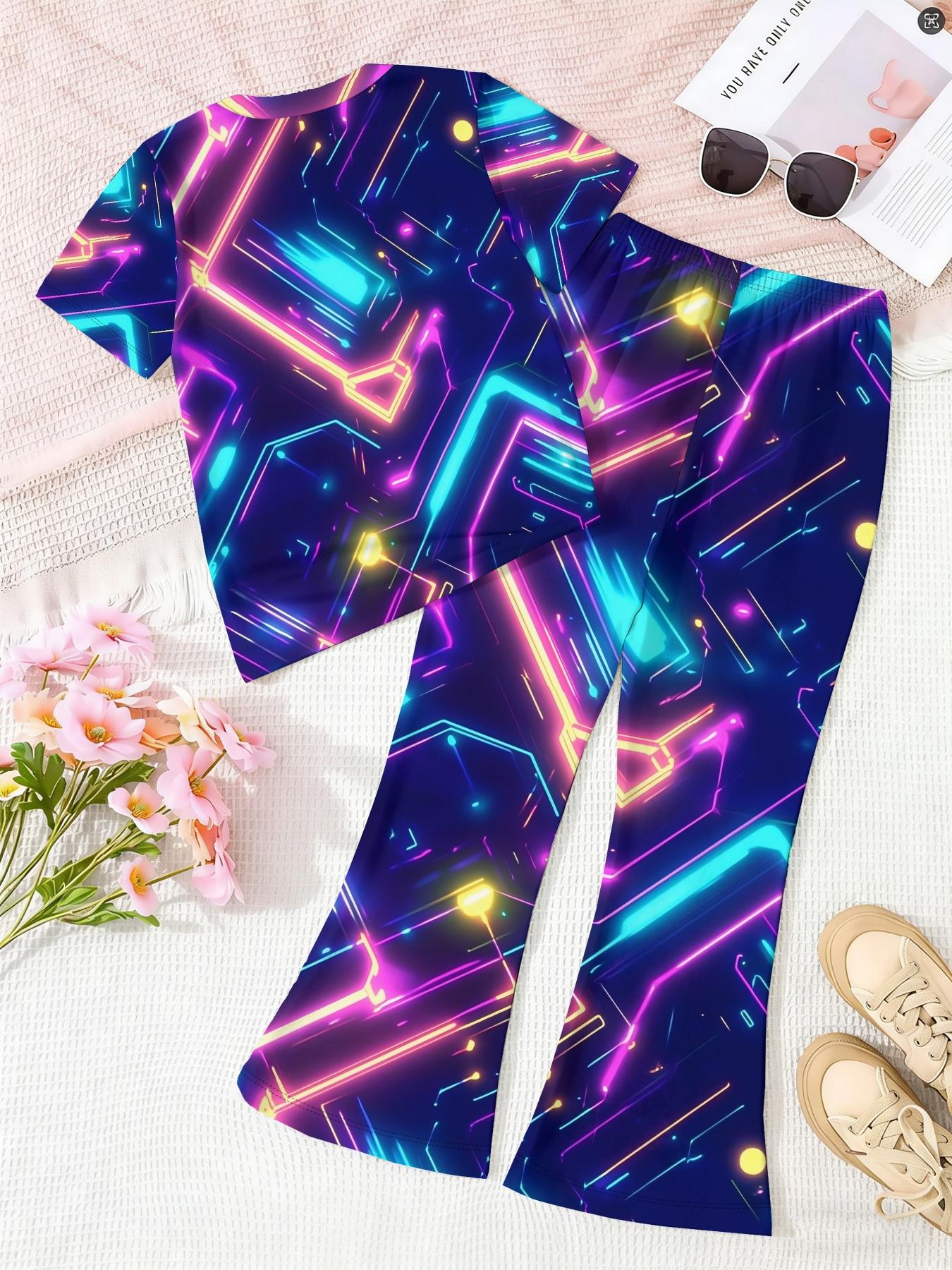 New Kids Trendy Starry Neon Full Print Set, Short Sleeve Loose Top + Unique Bell Bottoms, Spring Summer Casual Fashion Clothing