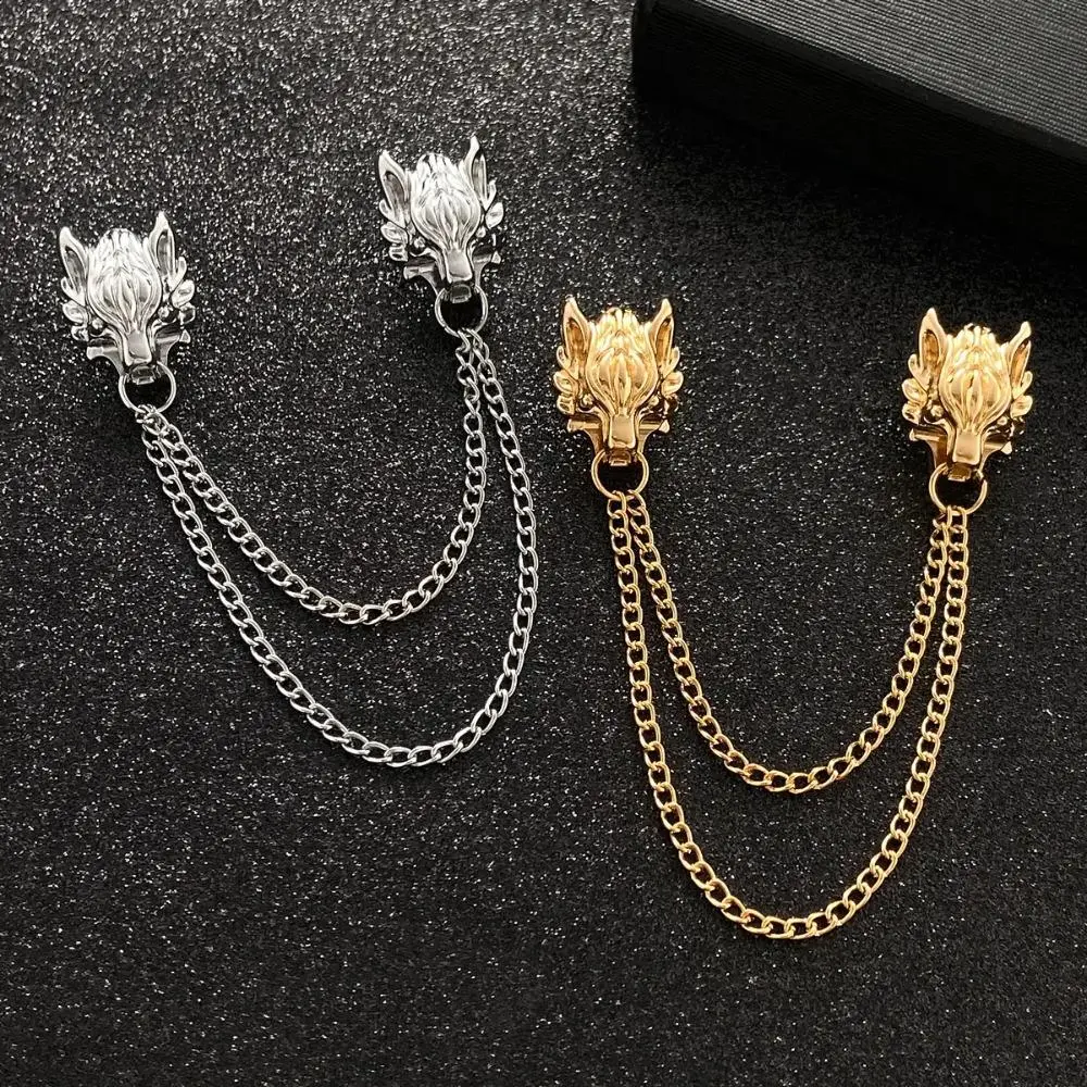 Antique Dragon & Pixiu Animal Collar Pins for Men, Statement Alloy Brooch with Chain for Suit Lapels, Business & Weddings, Textured, 8.7Cm, Business/Wedding