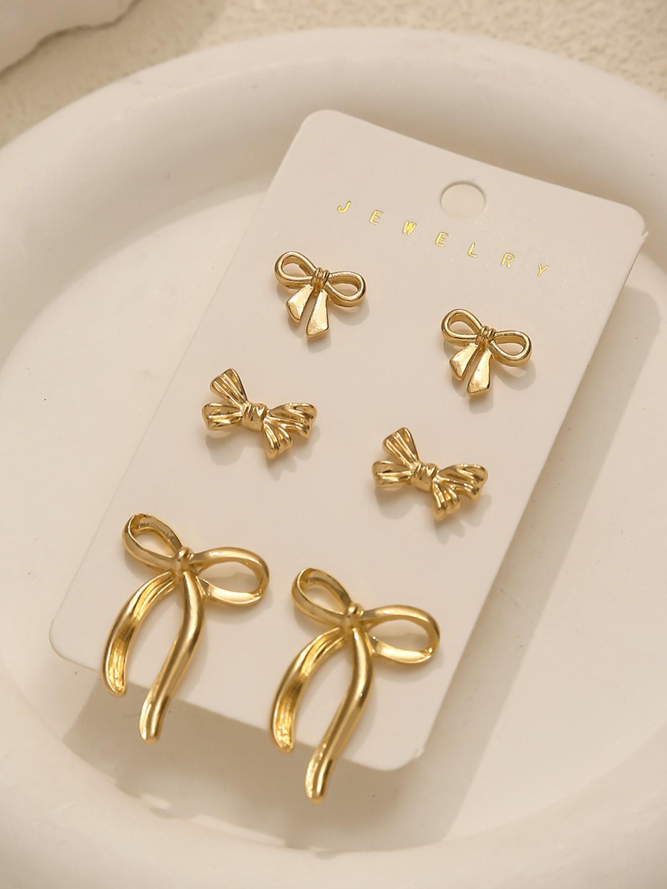 3 Piece Set Fashion Matte Bow Stud Earrings, Sweet Girl Style, Alloy Material, Casual Wear, Perfect for Dating and Photoshoots