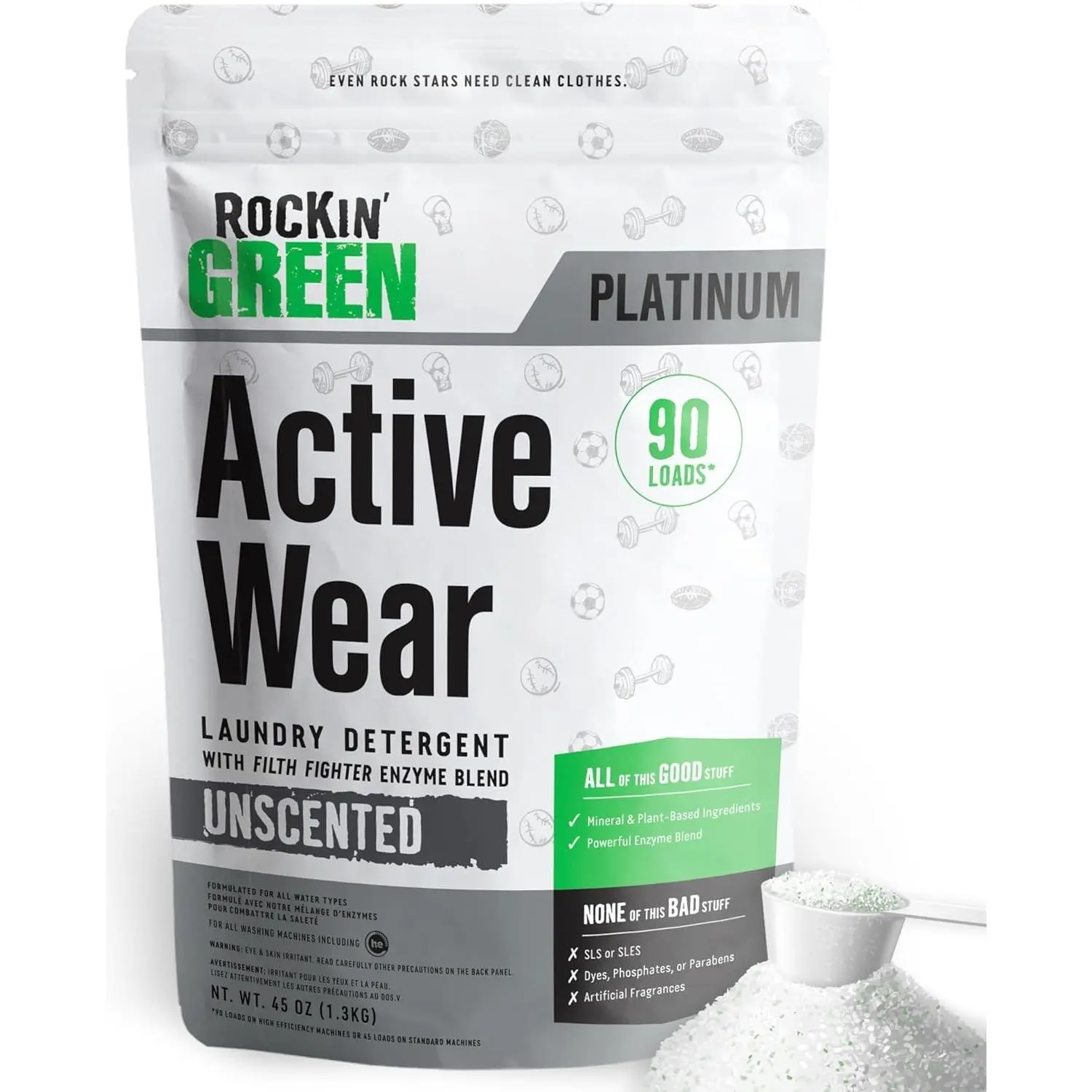 Active Wear Laundry Detergent - Unscented Laundry Detergent Powder & Odor Eliminator - Workout Clothes & Sportswear - Safe for Sensitive Skin - 90 Loads