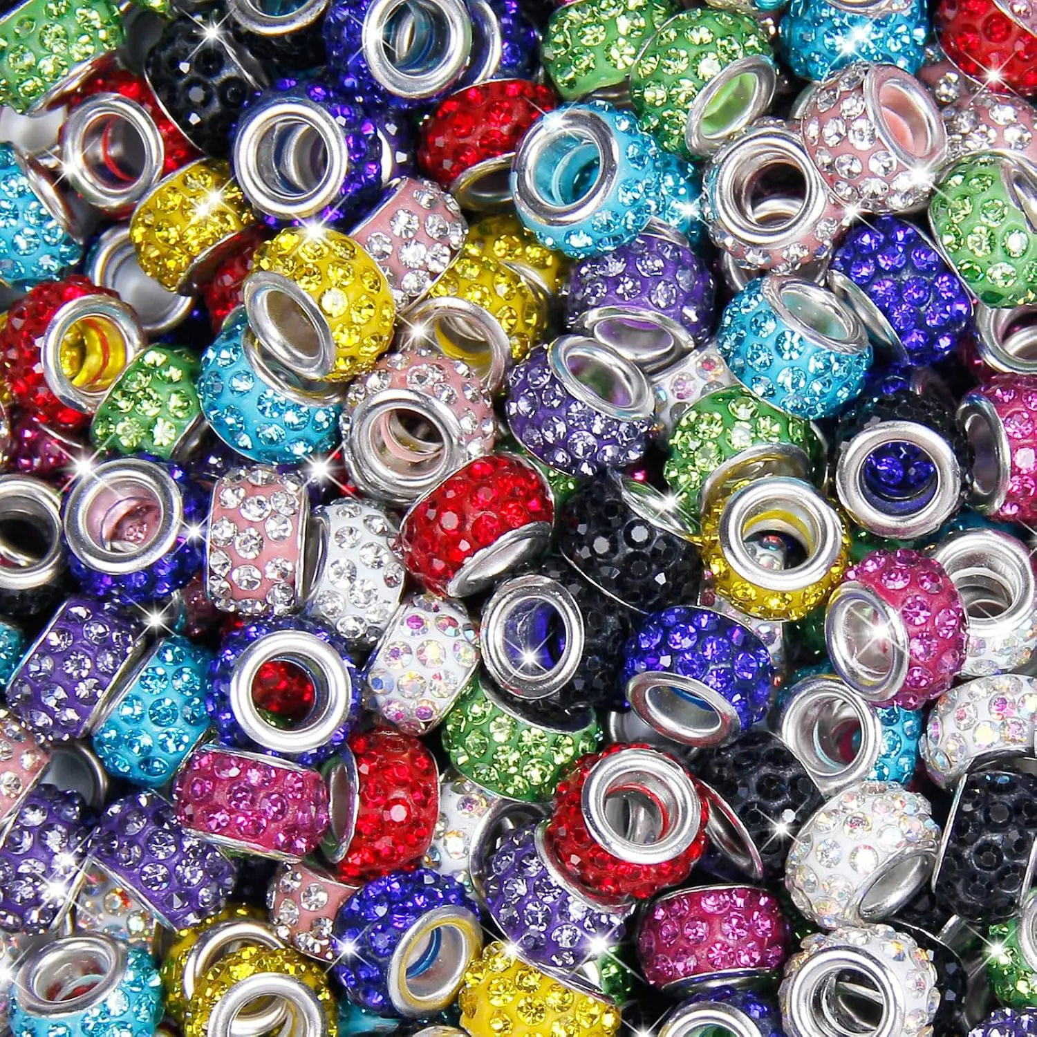 100 count European Rhinestone Large Hole Beads, Colorful European Craft Bead Rhinestone Lampwork Beads Large Hole Spacer Bead for DIY Charms Bracelet Necklace  Making Supplies(10Colors)