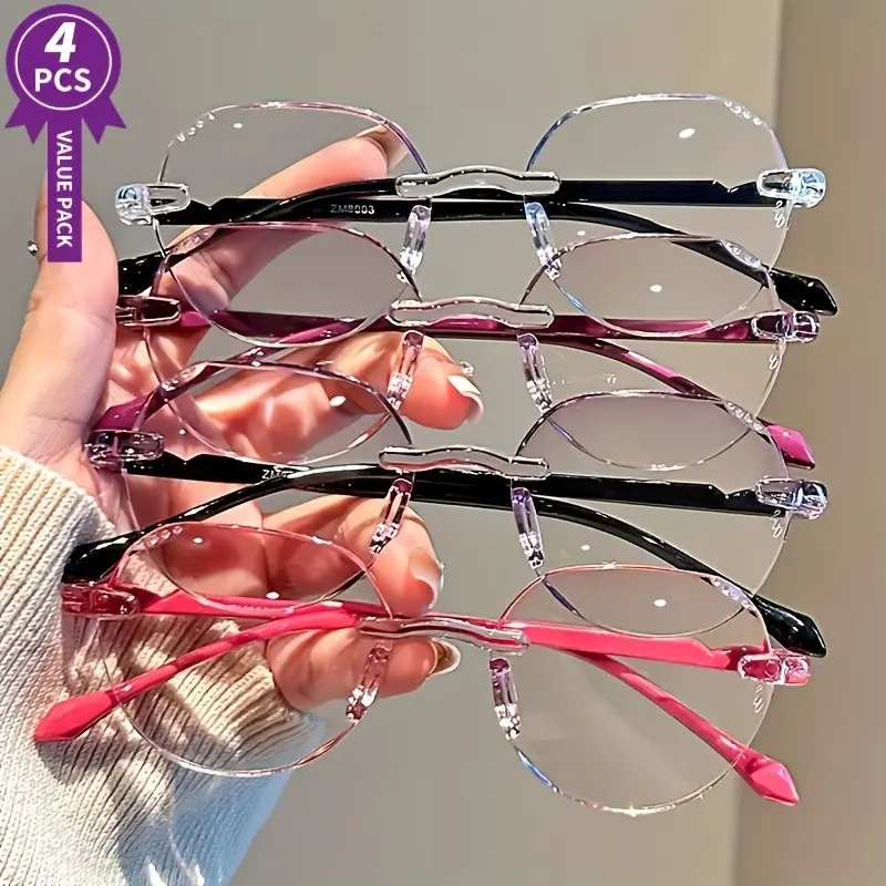 4 pairs of rimless reading glasses, comfortable lightweight design, crystal accents, elegant beveled edges, 1.0 to 3.5 diopters, Reading Eyeglasses