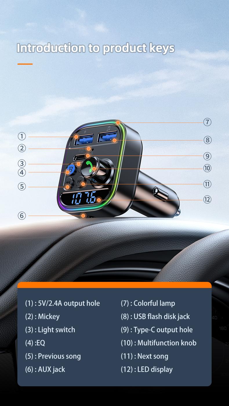 Fast Wireless 5.0FM Transmitter MP3 Player - Hands-Free Call, Adjustable High & Low Pitch, U Disk, PD30W Fast Charger, C USB Car Fast Charging Adapter - Compact Design for Easy Use Mini Audio