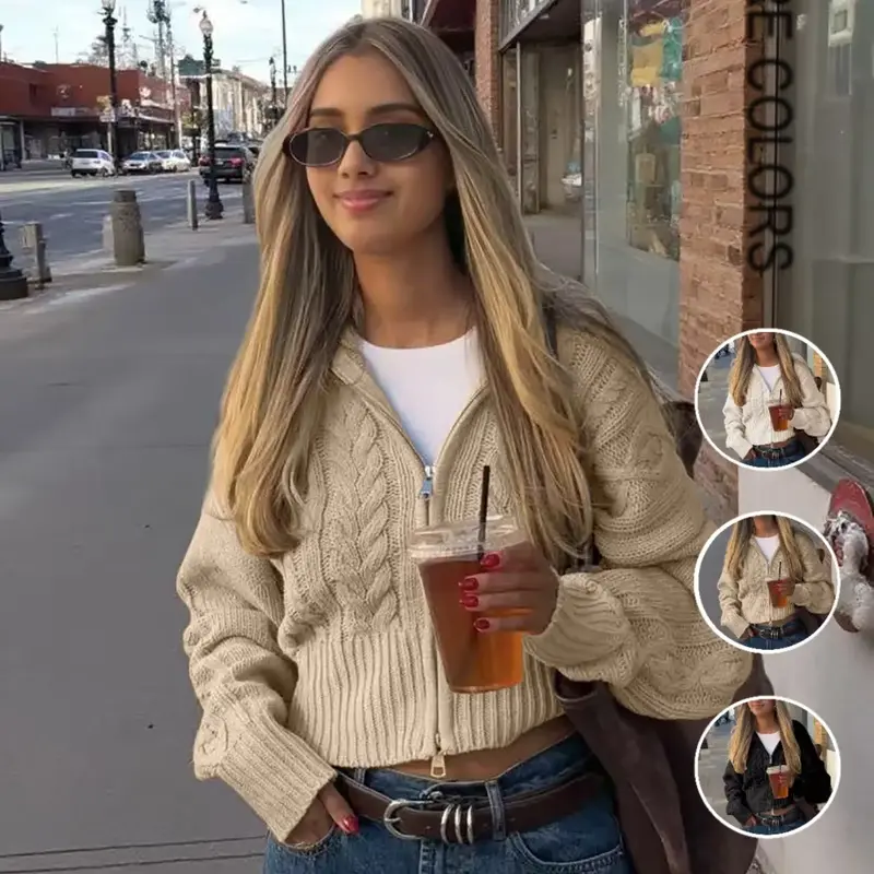 Women's Fall Winter Fashion Casual Zipper Stand Collar Knit Cardigan Sweater, Elegant Retro Design, Versatile Office Wear, Knitwear