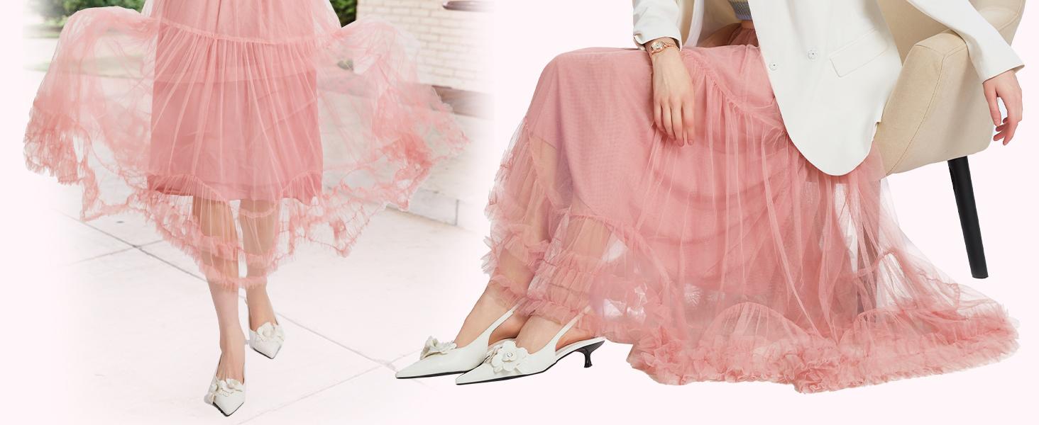Women's Maxi Tulle Skirt Long Tiered A Line Mesh Tutu Fairy High Elastic Waist Pleated Layered Skirts