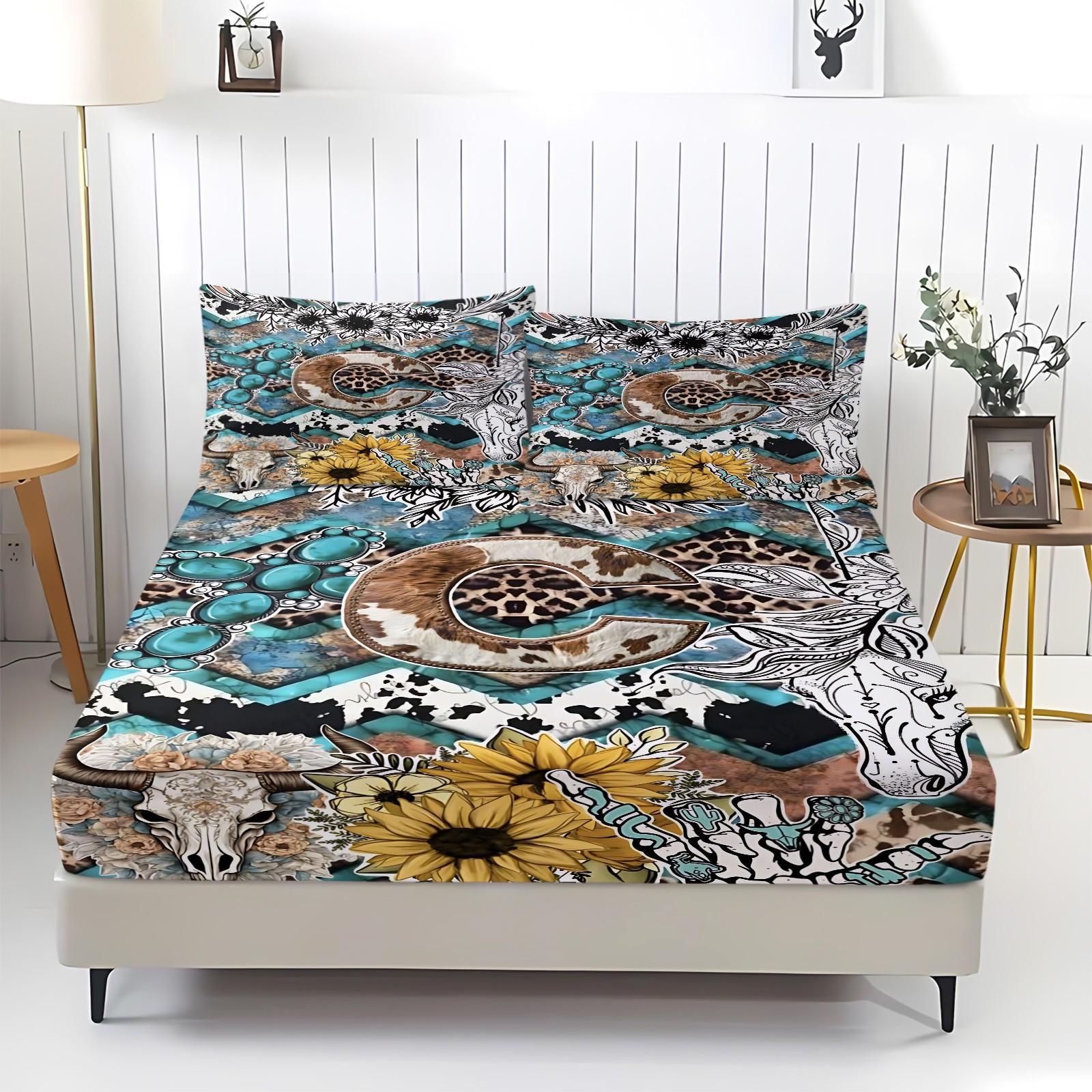Western Retro Style Patchwork Letter C 3pcs Fitted Sheet Set,Featuring Bull Head, Sunflower,Leopard Print, Cow Print,Abstract Floral Elements Bedding Set,Comfortable Fiber Bed Cover,Perfect  Forclassic Retro  Decor!Includes 2 Pillowcases,No Pillow Core.