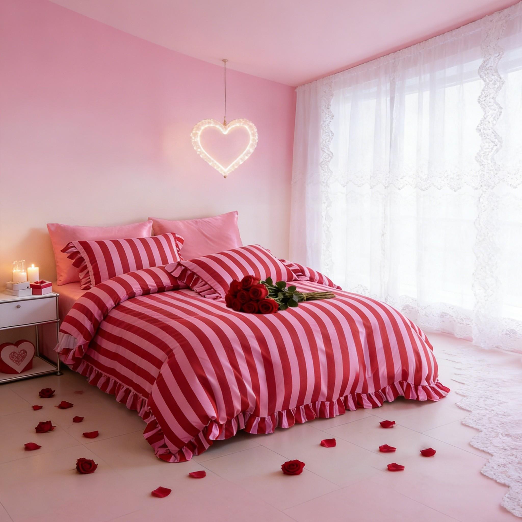 Striped Print Ruffled Soft Bedding Set, Includes 1 Duvet Cover + 2 Pillowcases, Inserts Not Included Stylish Cozy Bedding for Couple Bedroom, Ideal Valentine's Day Gift