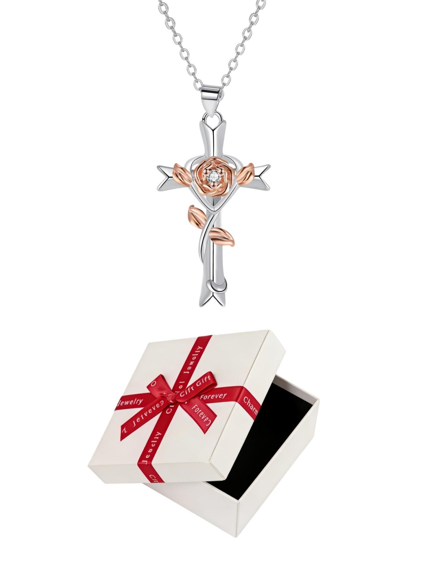 Cross Rose Glow · Dual Charm Original niche rose cross gem necklace with red preserved rose gift box. Ideal for birthdays, Mother's Day, Valentine's Day and all festivals.