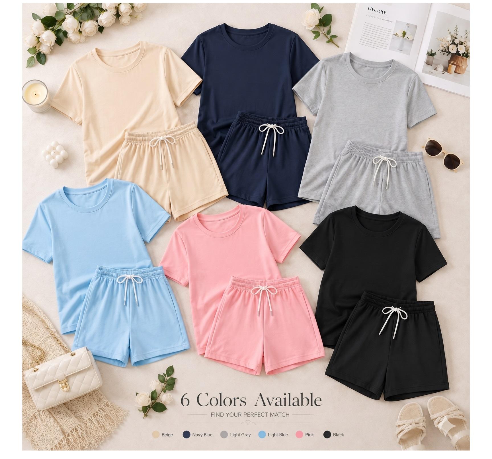 Women's Minimalist 2-Piece Summer Set - Lightweight Crew Neck Top, Elastic Waist Shorts, Soft Breathable Fabric, Casual Beach Outfits for Vacation, Everyday Wear