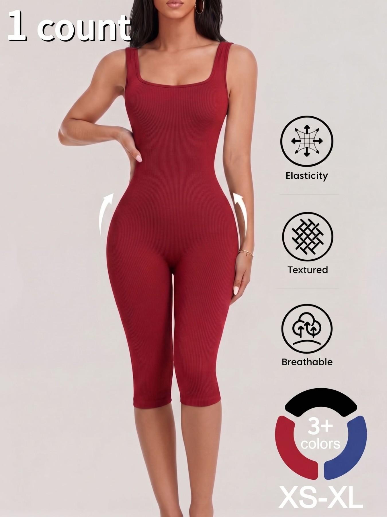 1/2PCS Women's Yoga Capri Jumpsuit Square Neck Backless Tummy Control Butt Lifting, Yoga Workout Jumpsuits Workout Shorts Romper Seamless Ribbed Sleeveless Unitard Fitness Gym for Gym Sports