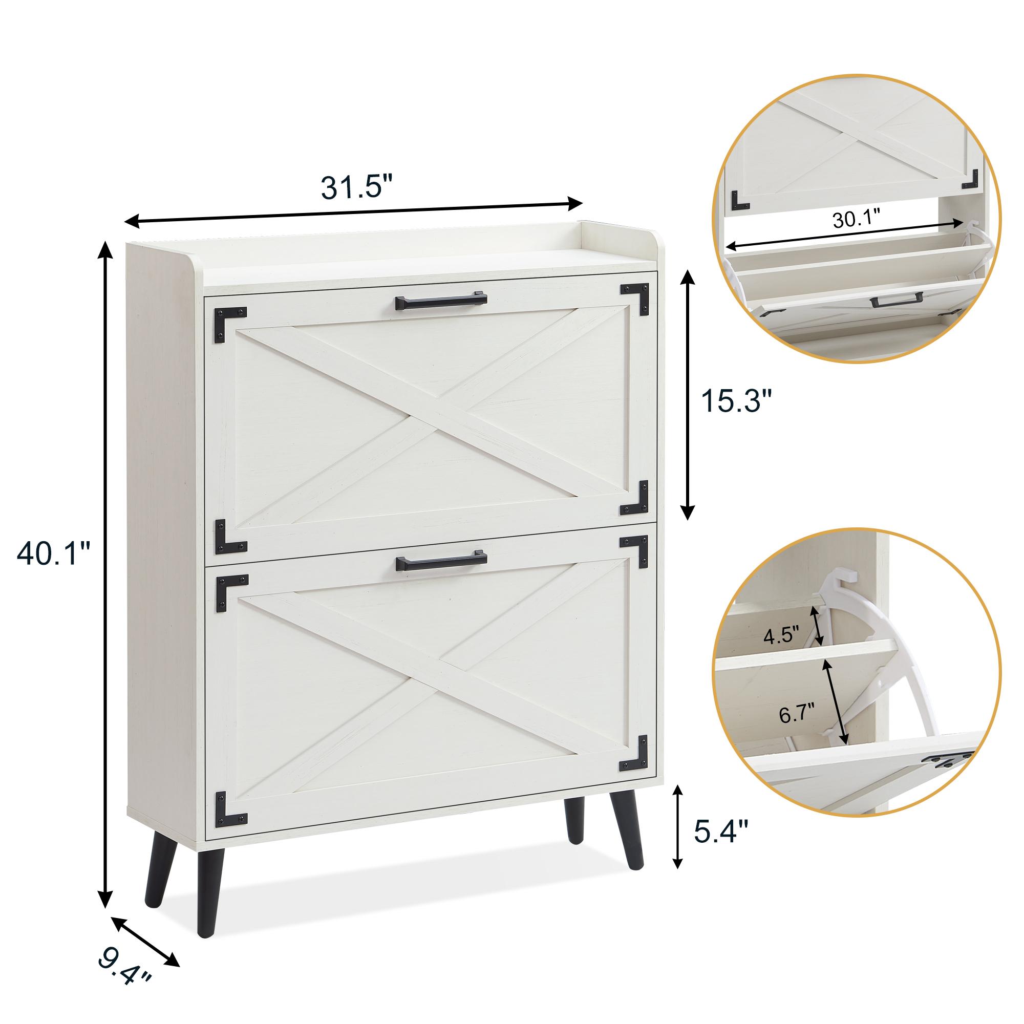 Farmhouse Shoe Storage Cabinet with 2-4 Flip Drawers & Barn Door Design - Freestanding Slim Narrow Shoe Organizer for Entryway, Foyer & Hallway