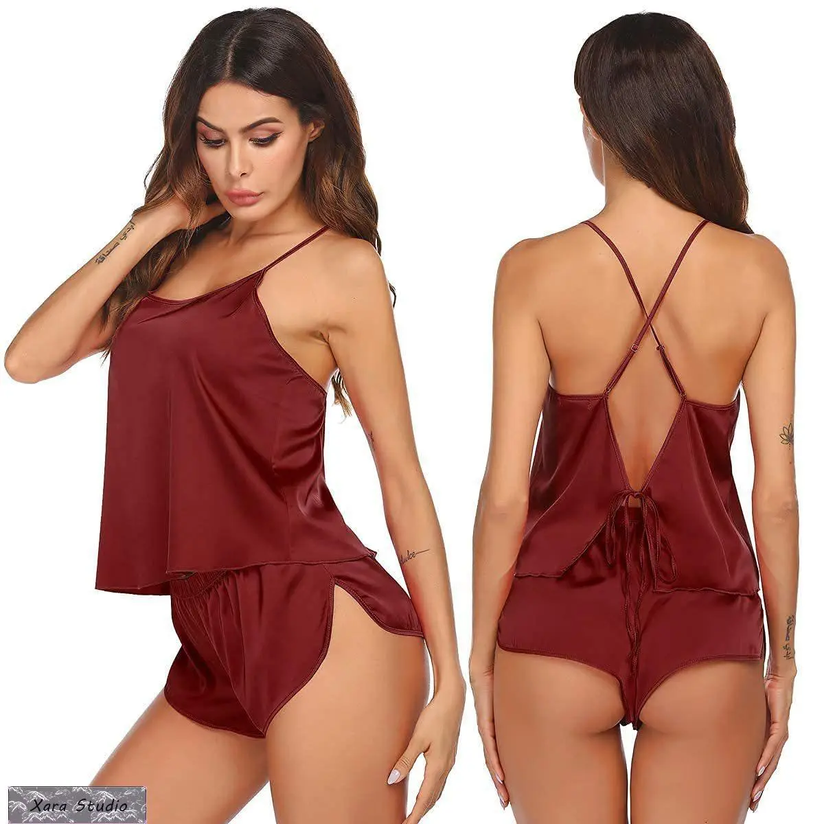 Sexy Halter Pajama Set – Women Lace Two Piece Sleepwear Shorts Lounge Set, Soft Satin Nightwear Outfit, Lightweight Comfortable Home Pajamas for Sleep, Honeymoon, Date Night & Bedroom Glow-Up Style