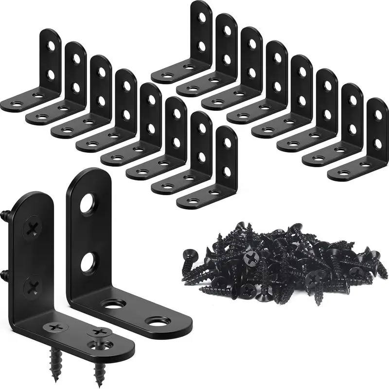 18PCS Small L Bracket Corner Braces, 1.57 x 1.57 in Stainless Steel 90° Angle Brackets with 72 Screws for Shelves, Cabinets, Chairs, Tables & Wood Furniture, Black,mounting