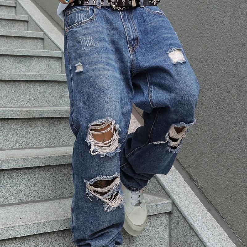 MZNBURAM Men's Ripped Non-Stretch Relaxed Fit Straight-Leg Denim Pants Jeans-Menswear Streetwear Trouser