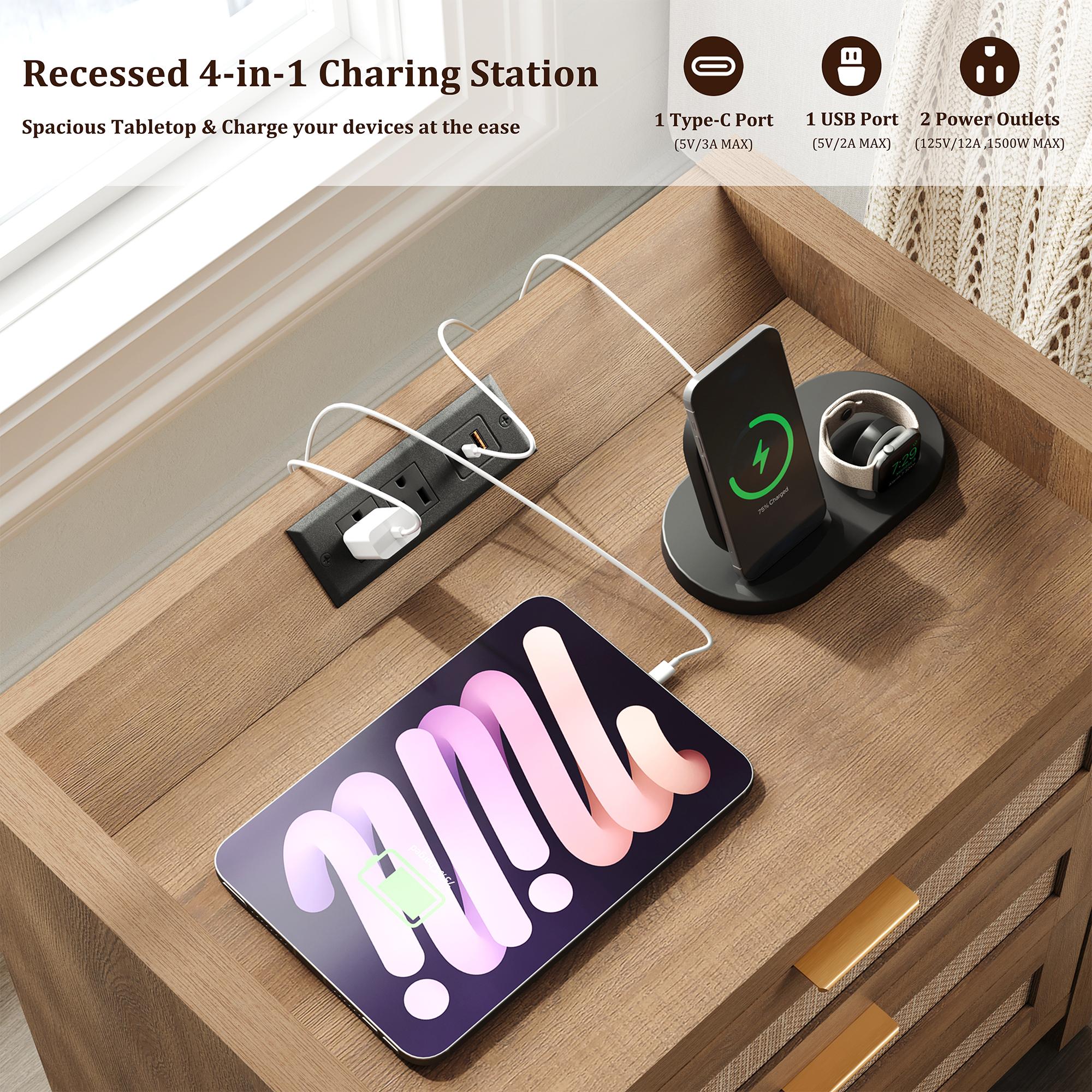 SICOTAS Larger Rattan Night Stand - 15.4"D x 24.8"W x 26.5"H Nightstands with Type-C Charging Station, 3 Rattan Mesh Drawers, Usb port Boho Bedside Table End Table with Storage for Bedroom Sofa Couch Office, Robust and Stylish, Durable