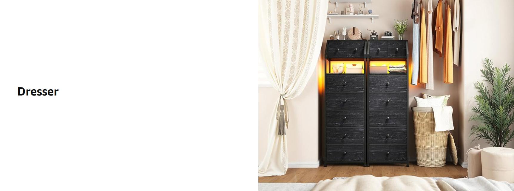 Raybee 51.2" H 7 Drawer Smart LED Dresser & Nightstand Combo, Stylish Storage Chest, Open Wood Shelf, Fabric Bins, Metal Frame, Modern Storage Organizer Set with Ambient Lighting, for Living Room, Bedroom, Closet