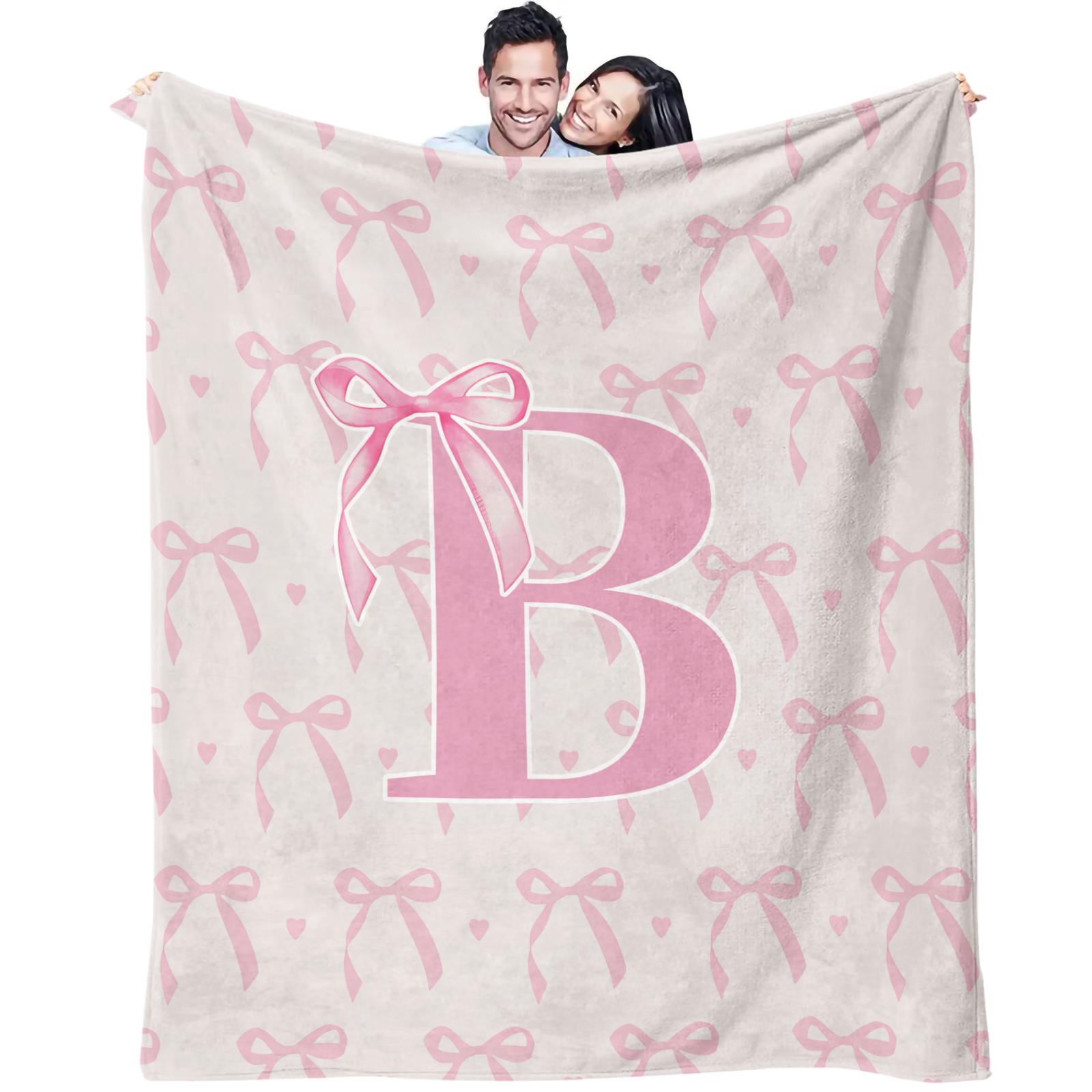Pink Bow Custom Initial Throw Blanket, Sweet Girl Style Heart Print, Soft Warm Cozy Skin-friendly, Ideal for Bedroom Living Room Sofa Dorm Decor