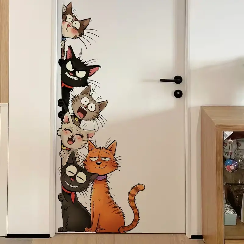 Cute Cartoon Cat Wall Sticker, Fun Cat Door Decal, Removable Art Wallpaper, Home Decor for Kids Room and Bedroom, 1 Piece