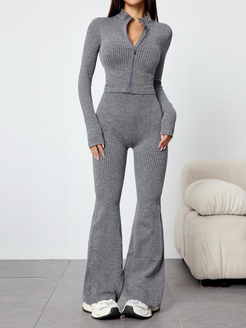Women's Two-Piece Set, Sweatsuit Matching Set, Autumn Winter Knit Ribbed Jacket & High-Waisted Flare Pants, Casual Fitted Yoga Gym