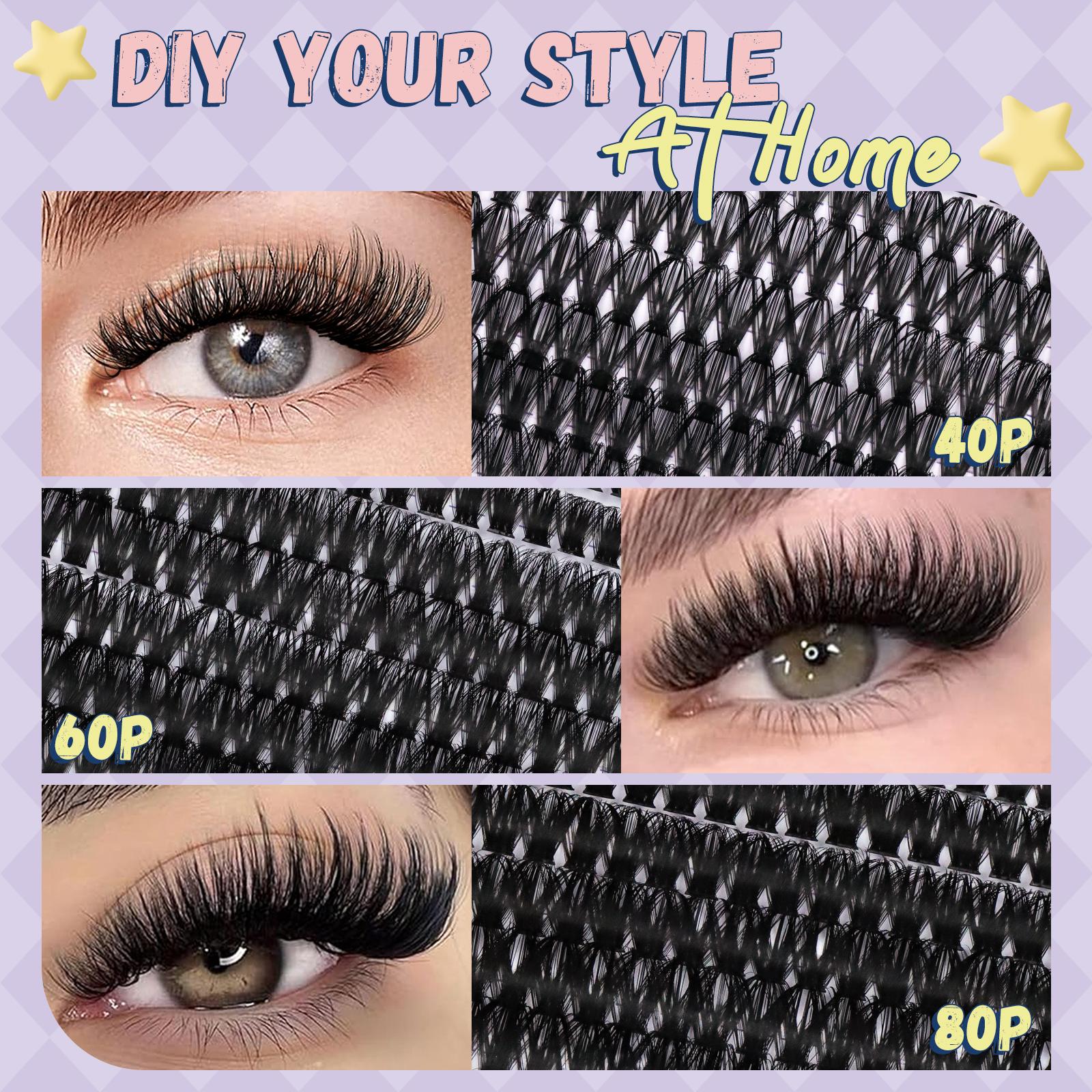 DIY Lash Extension Kit 840Pcs D Curl 3 Styles Lashes Clusters with Lash Bond&Seal Lash Remover Eyelash Extension Tweezers Double-Ended Brush Easy to Use for Beginners( 40/60/80P 10-18mm )