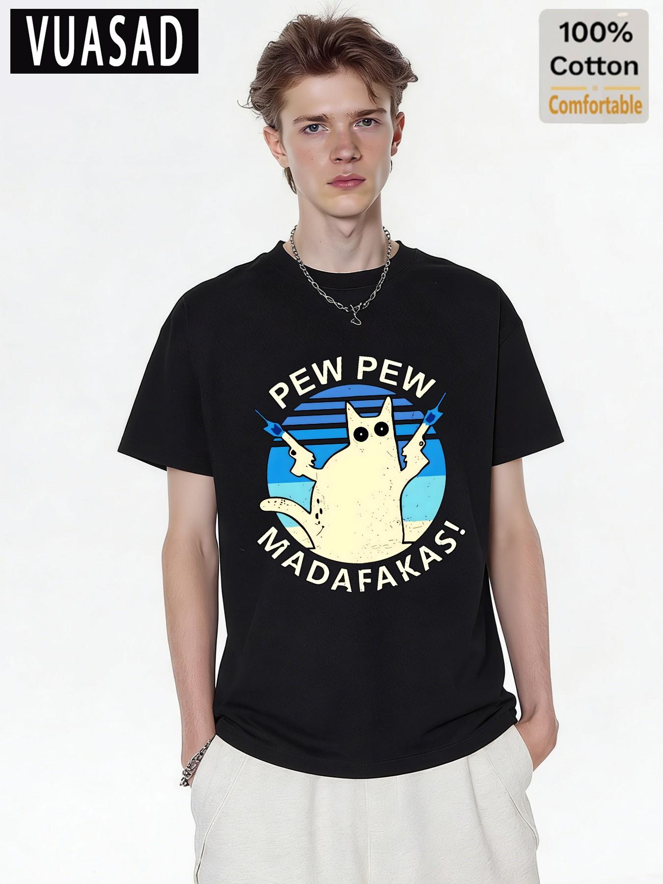 Vuasad Men's 100% Cotton Short Sleeve T-Shirt, Cute Cat Dog Print, Loose Fit, Casual Style, Long Sleeve, Trendy Fashion