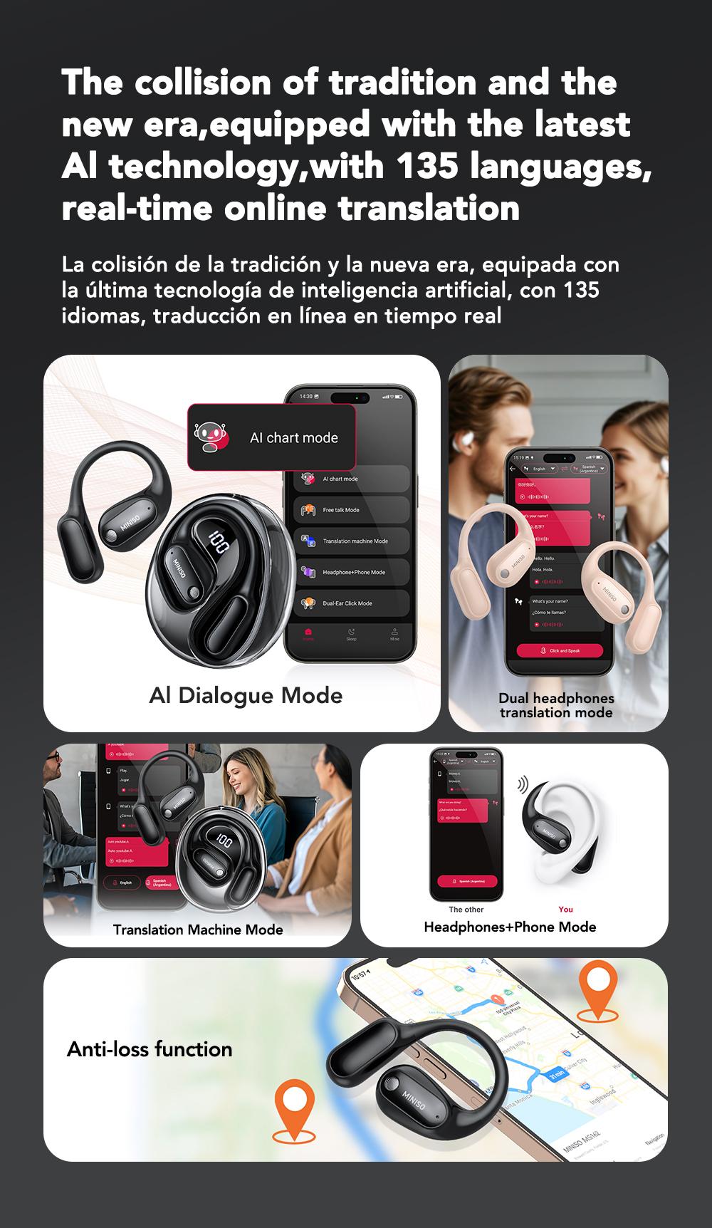 MINISO MS190 Translation Earbuds, Supports Real-Time Translation in 134 Languages With APP, Bluetooth 6.0 Earphones, Audio Wireless Earbuds for Music & Phone Calls, IPX5 Waterproof Sports Electronic Headphones with Long Endurance