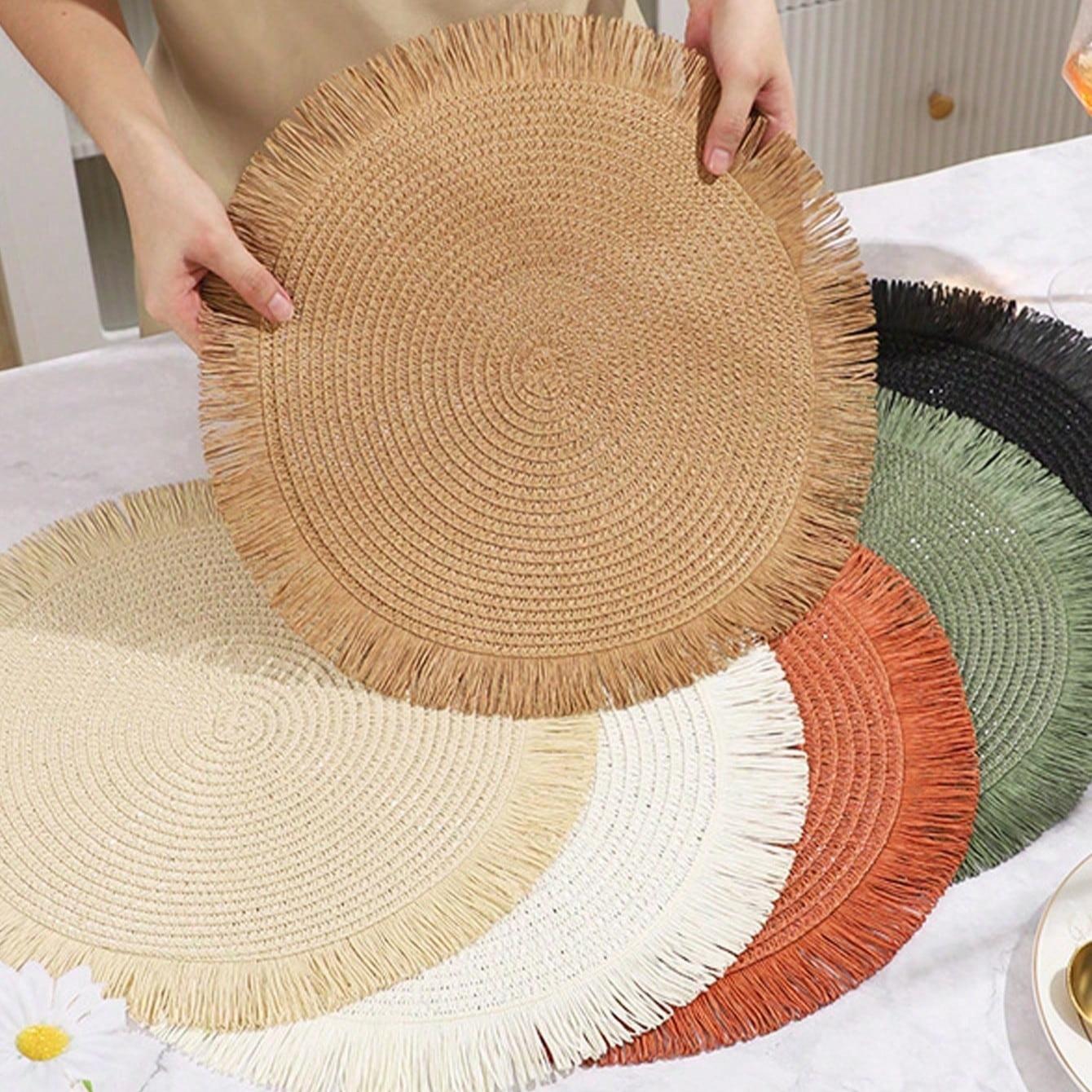 15 Inch Round Paper Braided Fringe Placemats Set, Heat Resistant Table Mats, Hotel Restaurant Decor, Non-Slip Dining Pad, Family Party Use