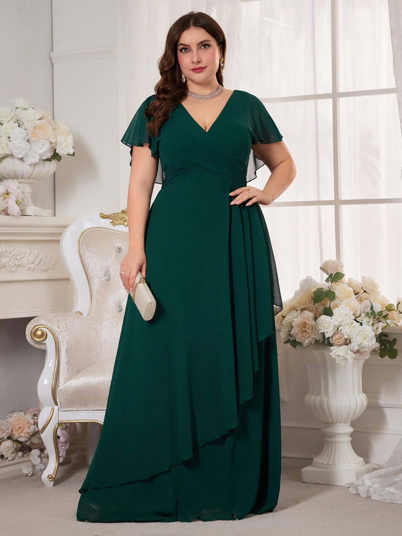 Elegant Chic V-Neck Chiffon Maxi Dress, Formal Plain Fitted Short Sleeve, Ruched Waist, Irregular Hem, Bridesmaid Gown Lady Womenswear for All Seasons