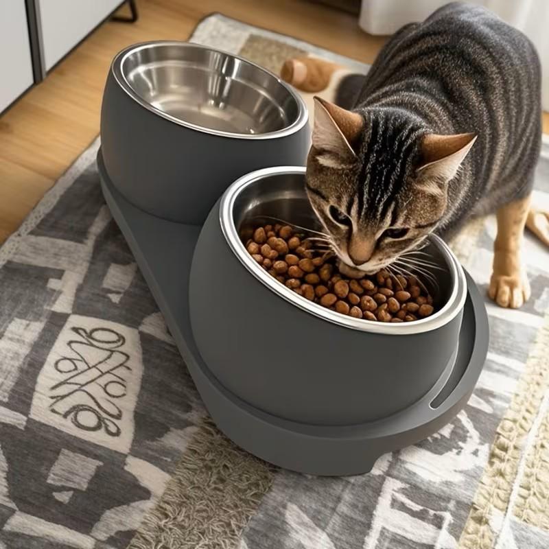 Modern Elevated Pet Food and Water Stainless Steel Bowl, Detachable and Easy to Clean, Space-Saving Dual Compartment Feeder for Medium Pets