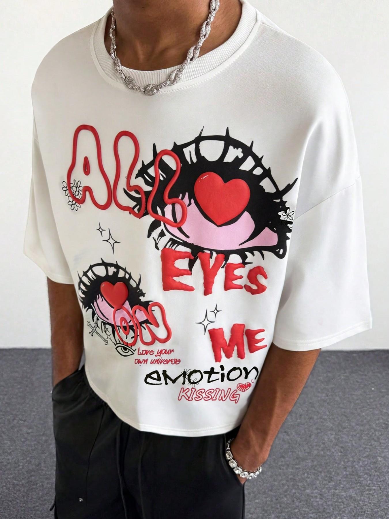 Y2K Aesthetic Heart Eye Graffiti Men's T-Shirt, Streetwear Hip Hop Casual Loose Fit Short Sleeve Top, Daily Wear Graphic Tee