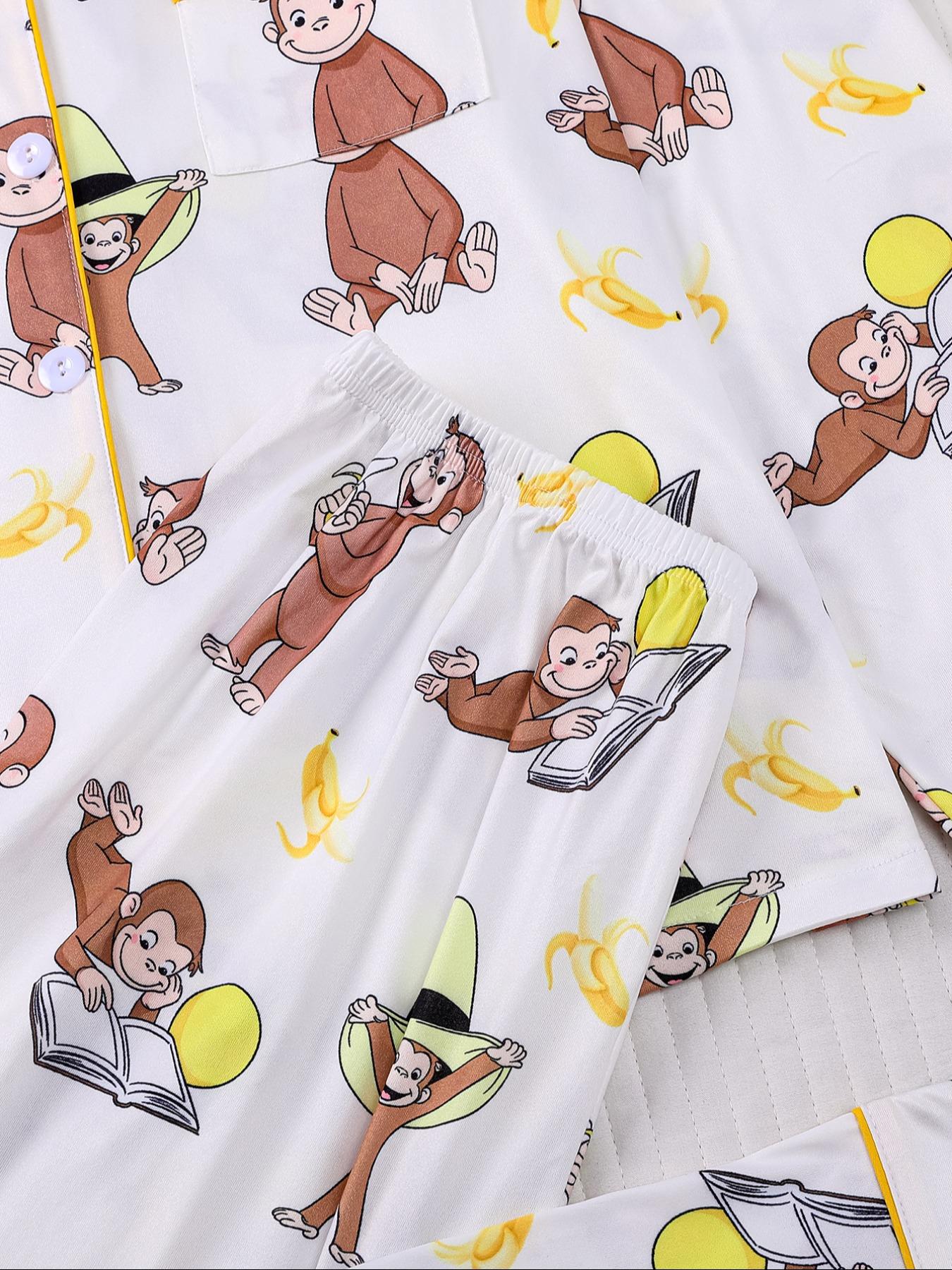 Women's Monkey Banana Print Pajama Set Pjs, Comfortable Long Sleeve Button Shirt & Elastic Pants, Casual Home Wear Loungewear for All Seasons