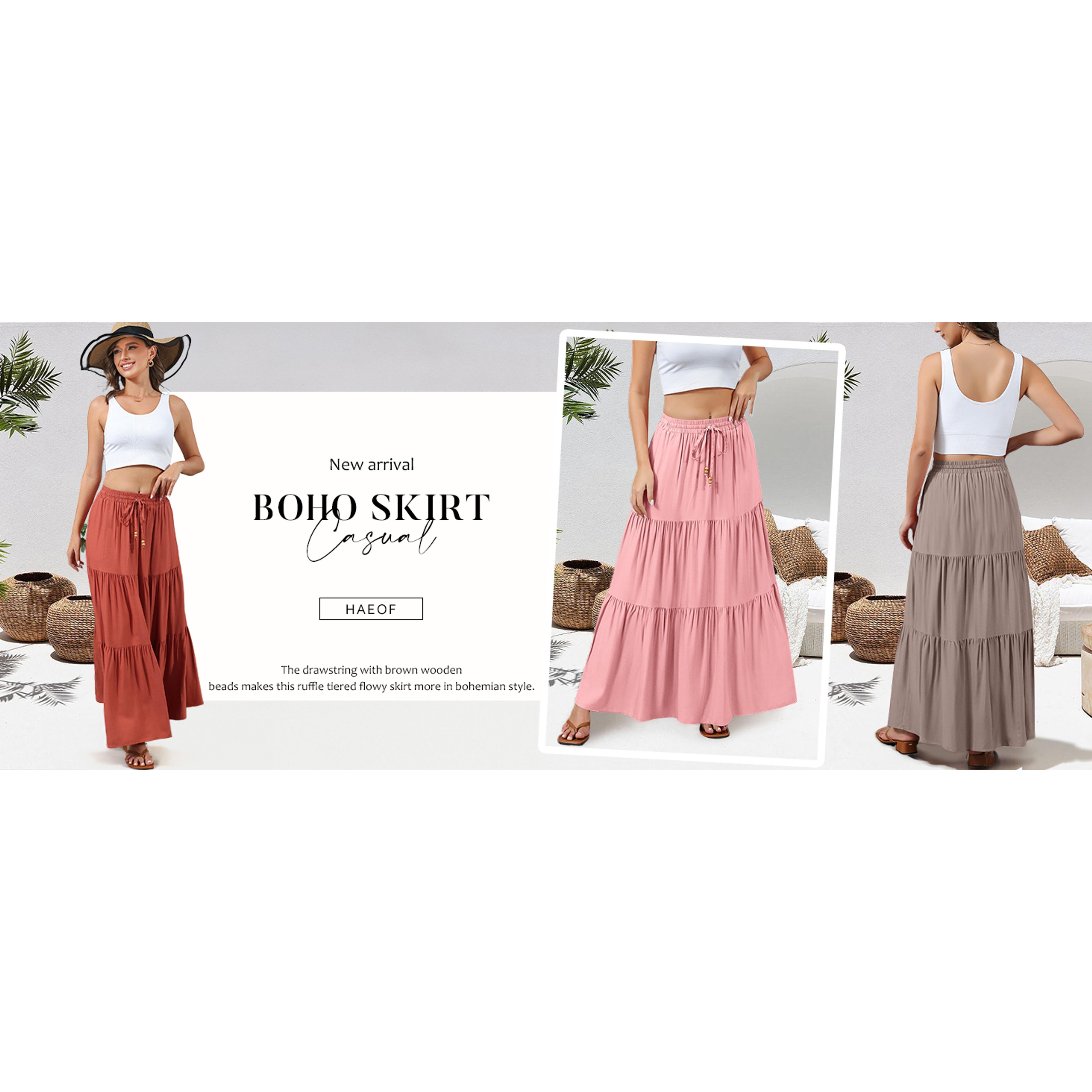 Women's Summer Boho Maxi Skirt A-Line Flowy Ruffle Tiered Elastic High Waist Beach Long Skirts with PocketsGift
