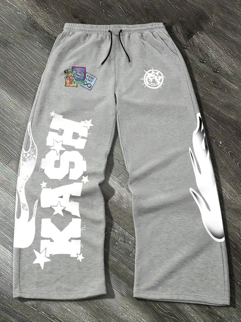 Trendy Black Fleece - lined Sweatpants with "KASH" Lettering, Star and Flame Graphics, Ideal for Street - style and Hip - hop Wear, Trending on TikTok #Sweatpants #StreetFashion #TikTokTrend, Sports Casual Pants