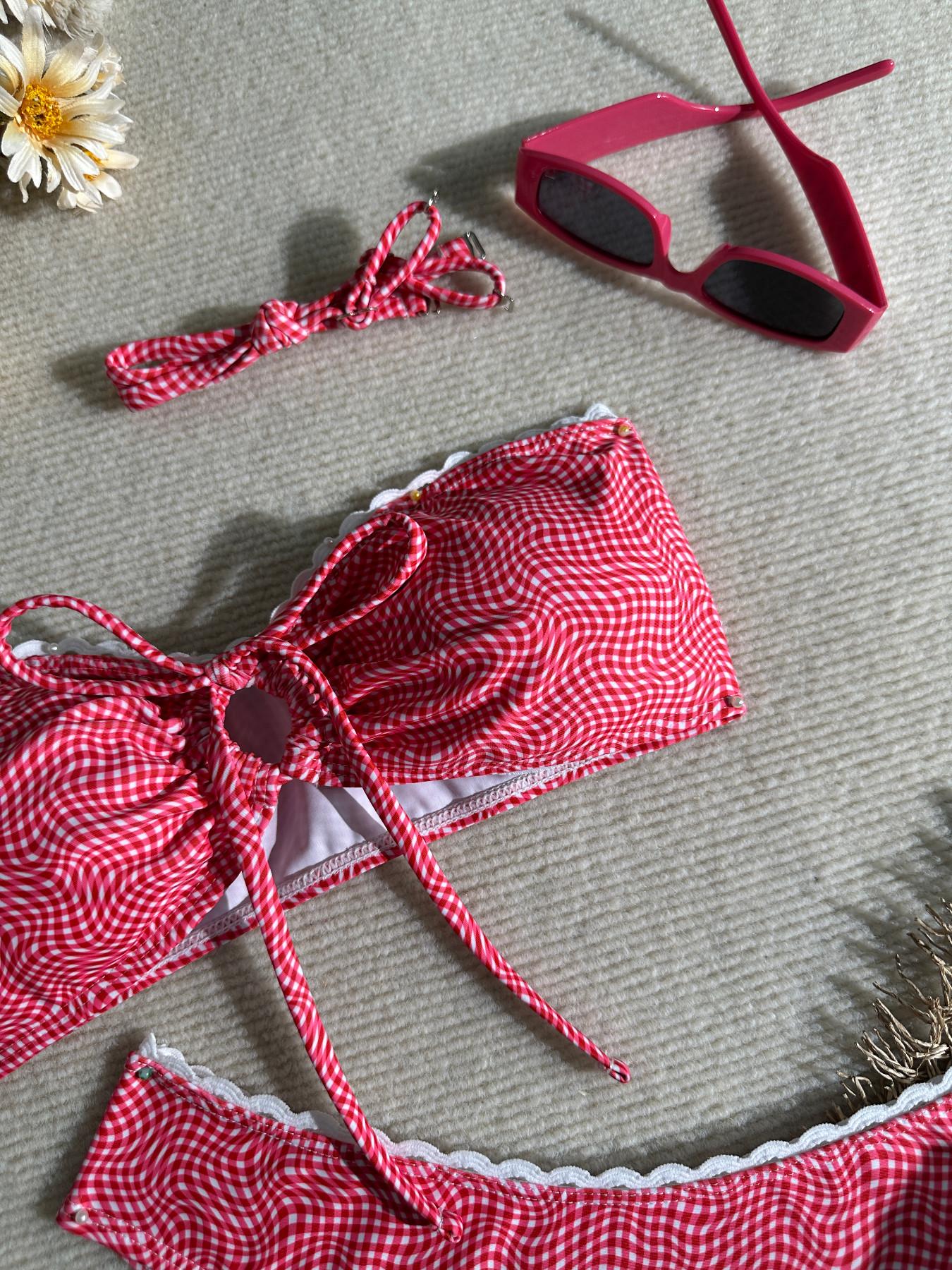 2026 New Retro Red Gingham Bandeau Bikini, Lace Trim Tie Front Convertible Strap Two Piece Swimsuit, High Cut Summer Beach Vacation Swimwear