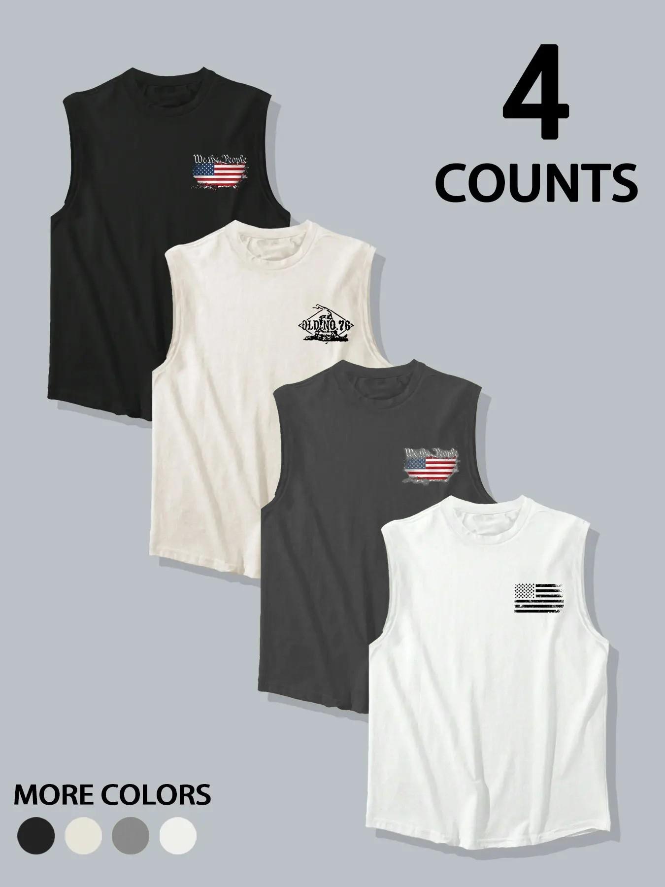 Large Size Men's 4-Piece Set, Casual Loose-Fitting Graphic Top, Plain Surface Cut Out Design, Unlined Clothing for Comfort, Sleeveless Casual Clothes, Menswear, Vest Tops