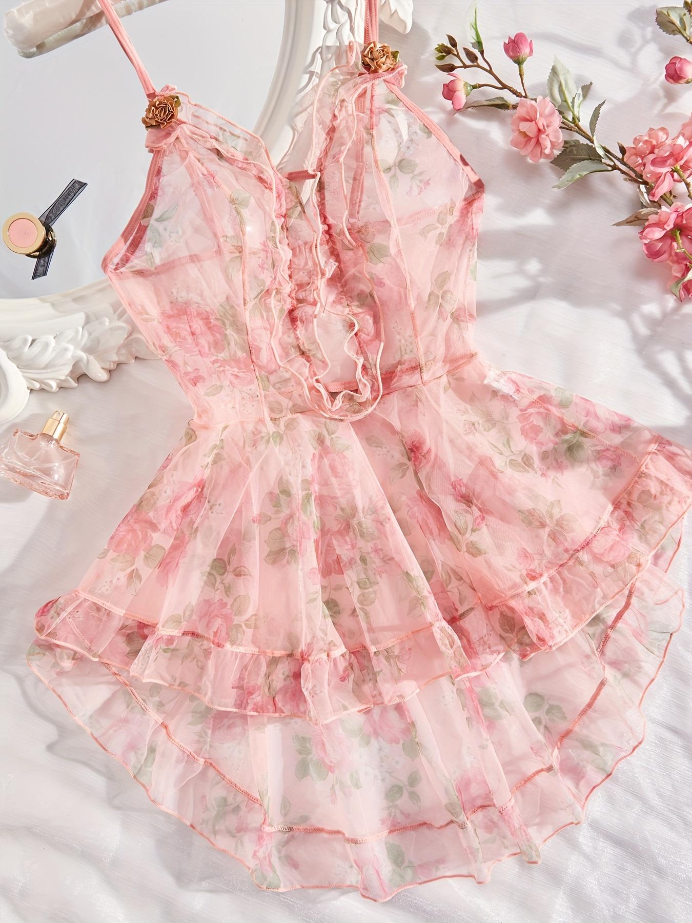 Women's Floral Print Ruffle Sheer Lace Cami Nightdress, Summer Clothes Women, Elegant Romantic Flowers Decor High Low Hem Nightgown for Daily Wear, Ladies Summer Clothes, Nightwear
