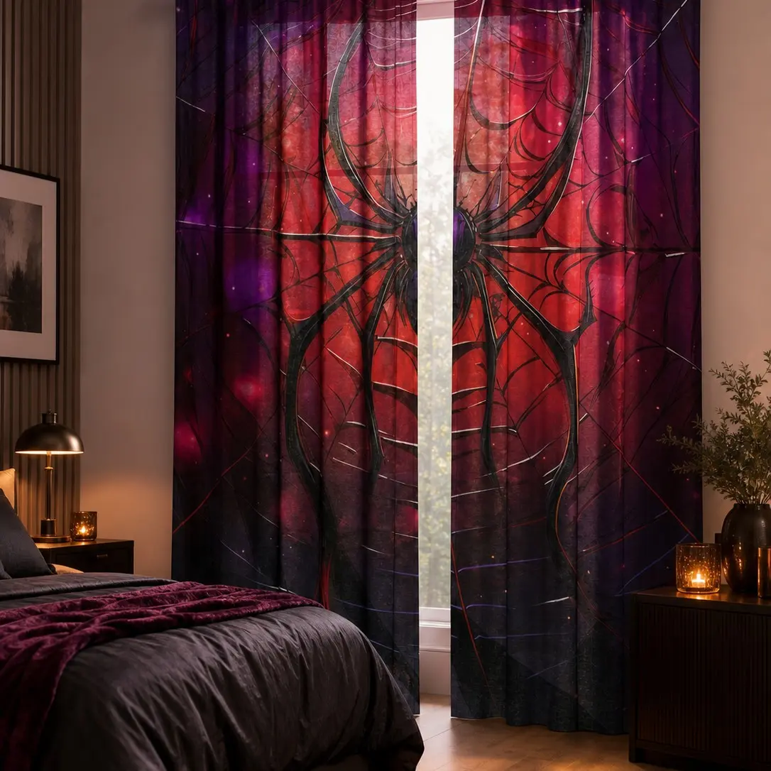 2-Pack Spider Pattern Semi-Sheer Curtains, Rod Pocket Design for Living Room, Bedroom, Game Room, Polyester